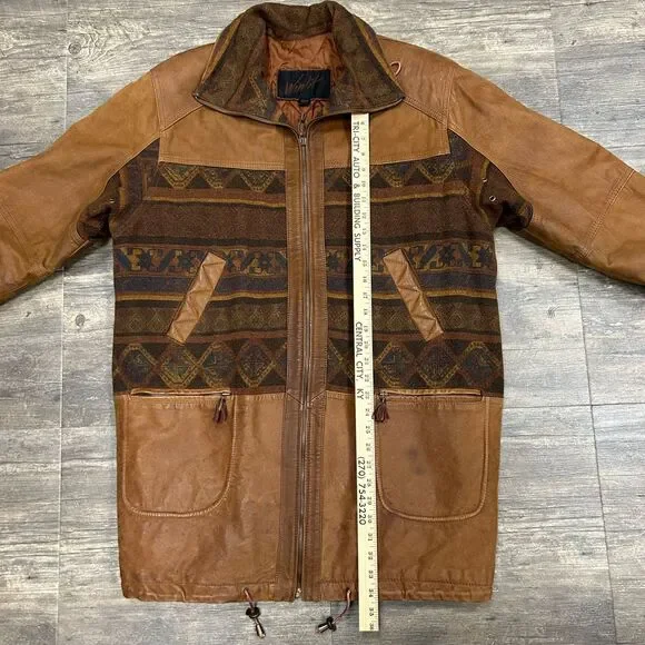 Vintage Winlit Leather Coat Wool Blend Aztec Southwest Women Size Large Brown - Picture 6 of 12